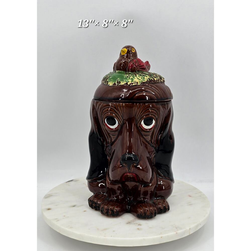 Vintage Enesco Hound Dog Cookie Jar with Bird Nest‎ Lid – Japan